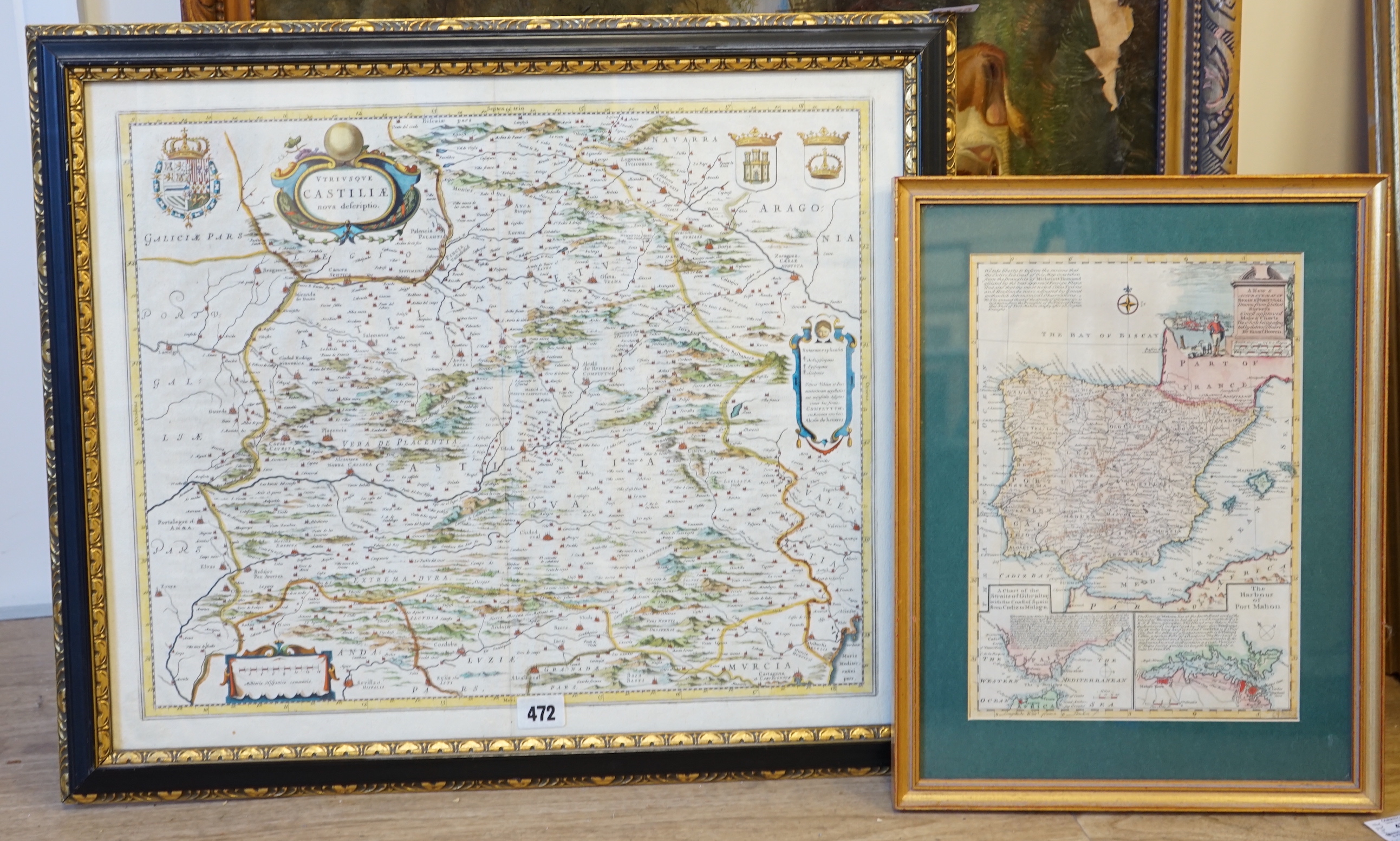 Two antique hand coloured maps comprising Spain and Portugal by Emanuel Bowen and Castilia by Willem Blaeu, largest 46 x 54cm